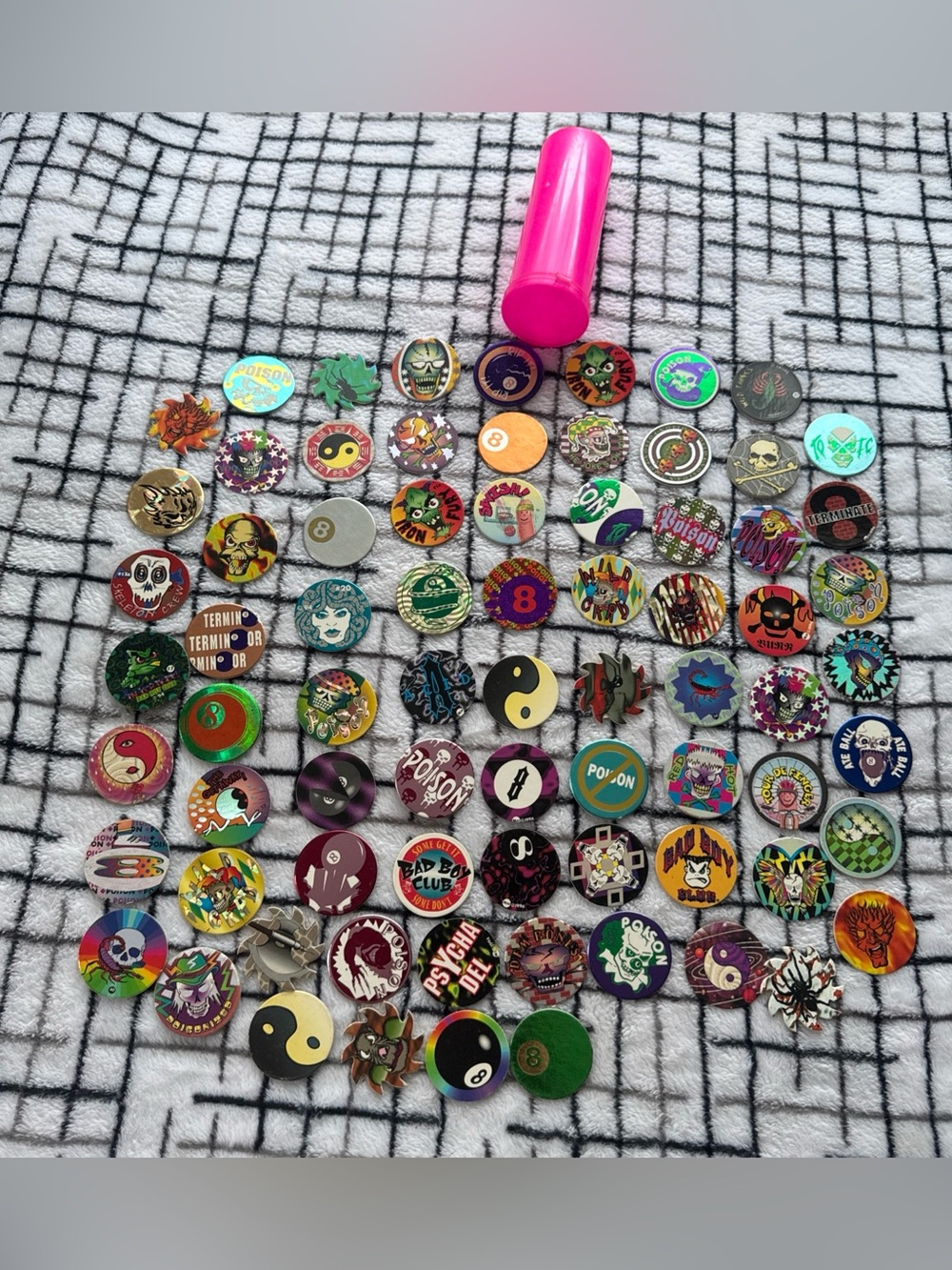 Vintage 90s Pogs Lot (75+ Pcs) with Storage Tube - Bad Boy Club, Poison, 8-Ball